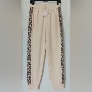 Umgee Women's Cream Jogger Pants with Leopard Print Sides NWT